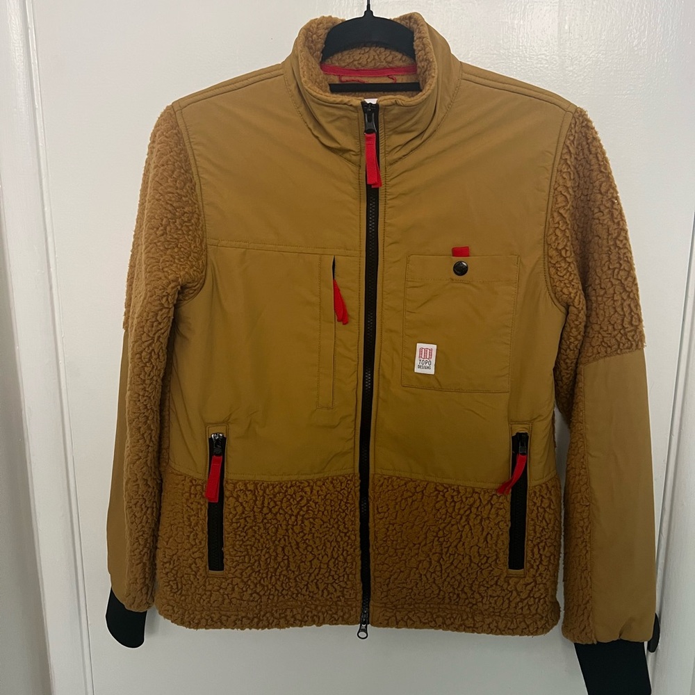 Topo Designs Mustard Performance Jacket with Black and Red Accents